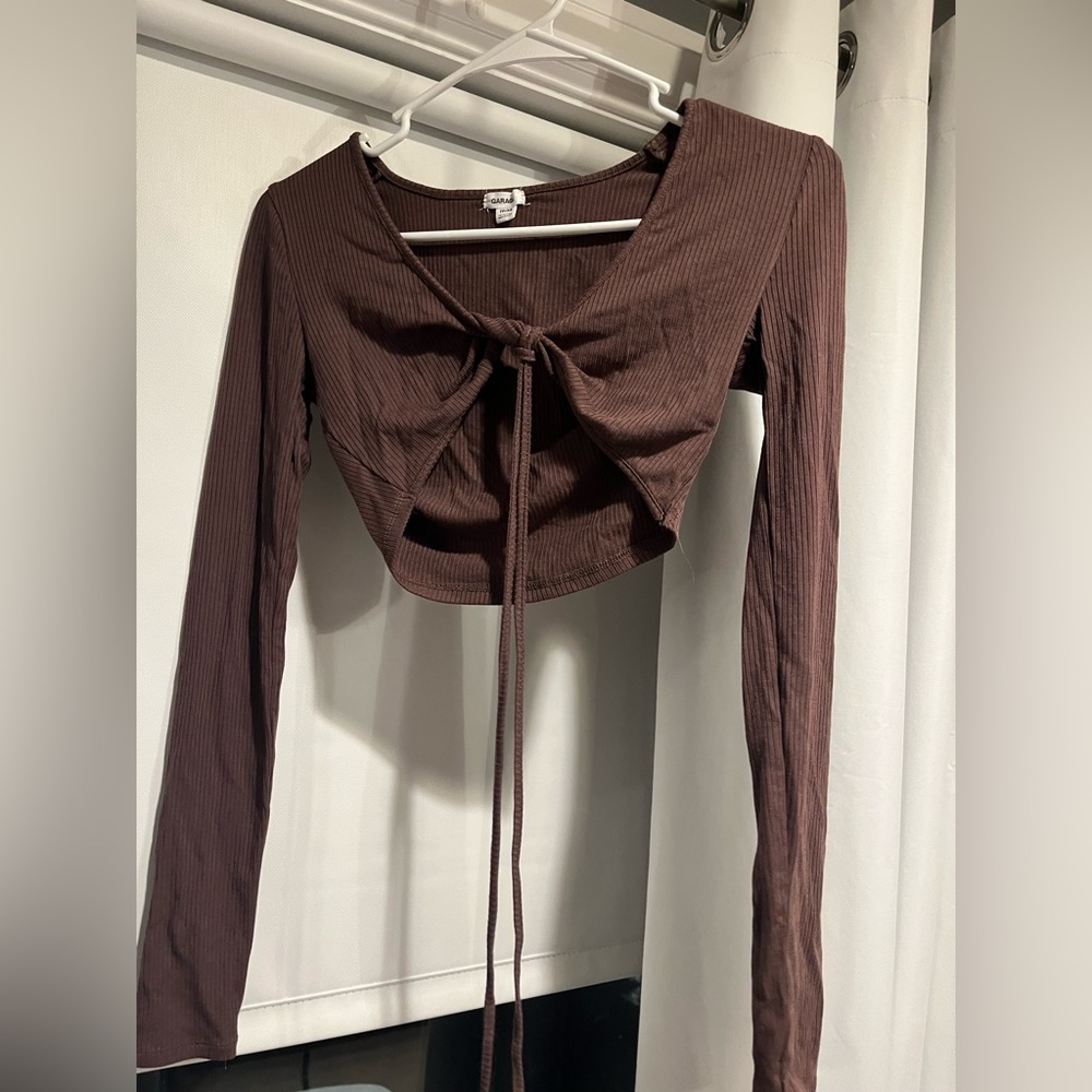 Garage Brown Long Sleeve Tie Front Crop Top